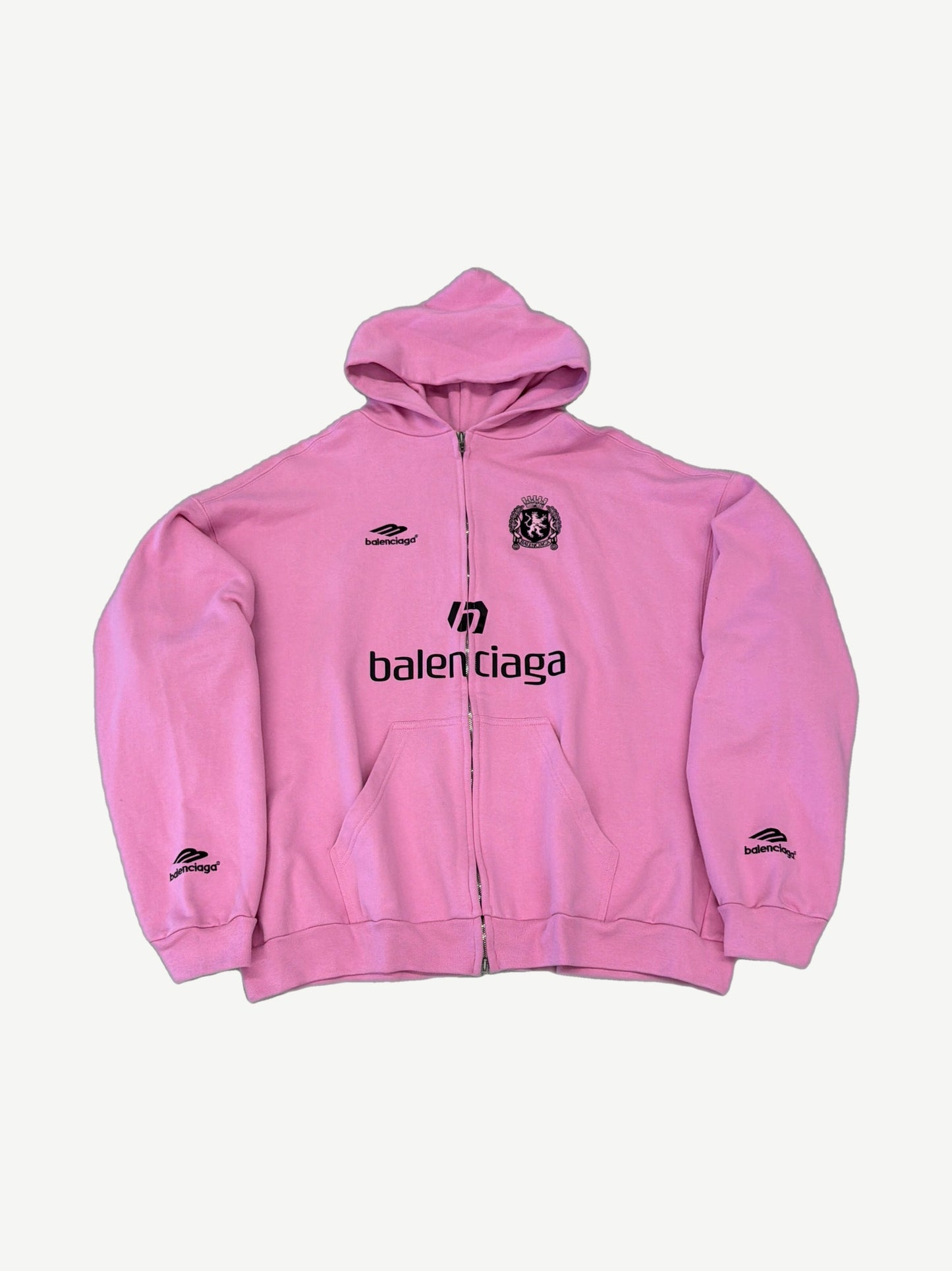 Balenciaga pink Shanghai soccer zip-up hoodie with chest logo, embroidered crest and sleeve branding