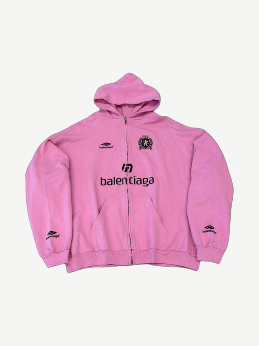 Balenciaga pink Shanghai soccer zip-up hoodie with chest logo, embroidered crest and sleeve branding