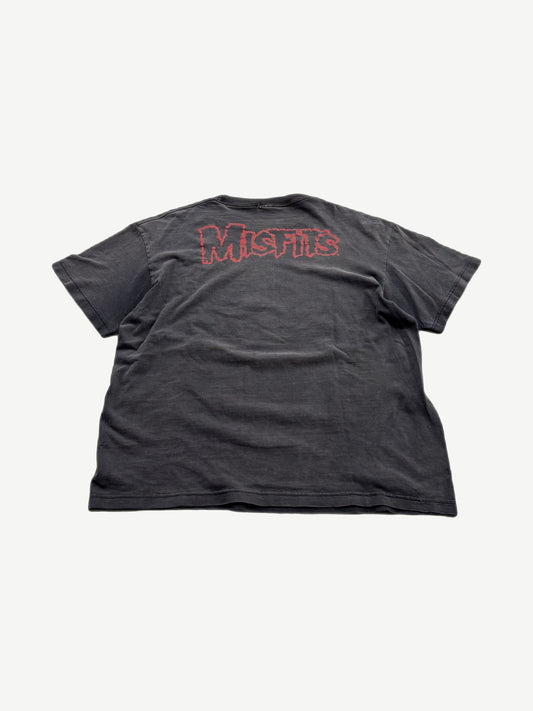 Back of vintage Misfits faded black tee with red outline Misfits logo print across upper back