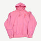 Chrome Hearts pink pullover hoodie front with red T-bar gothic logo at chest and CH kangaroo pocket stamp
