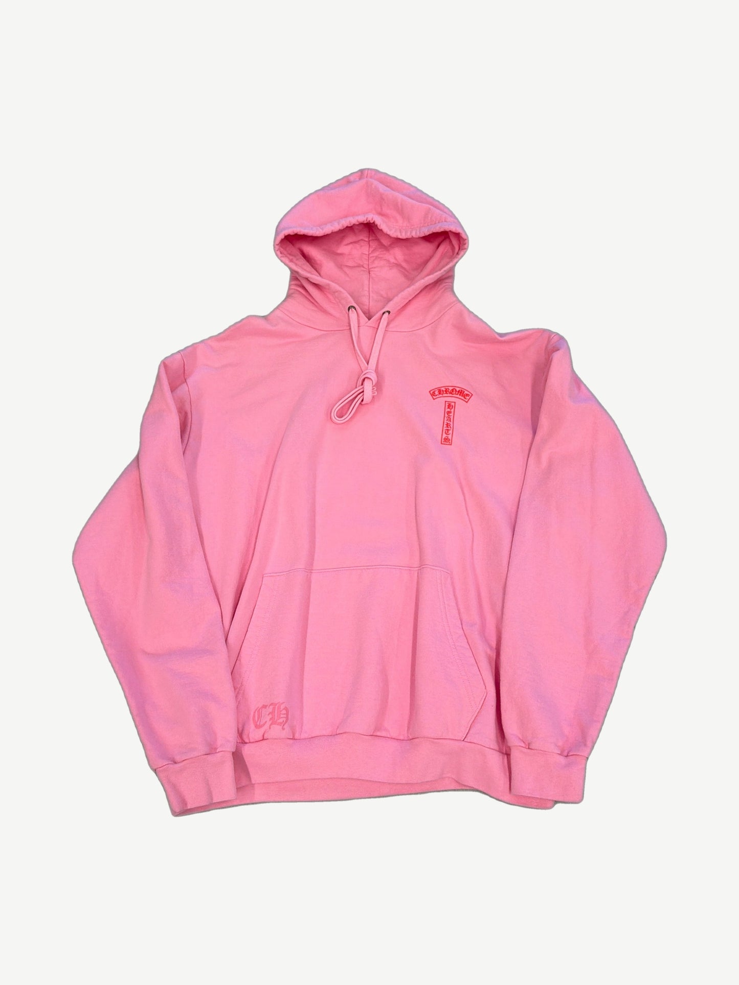 Chrome Hearts pink pullover hoodie front with red T-bar gothic logo at chest and CH kangaroo pocket stamp