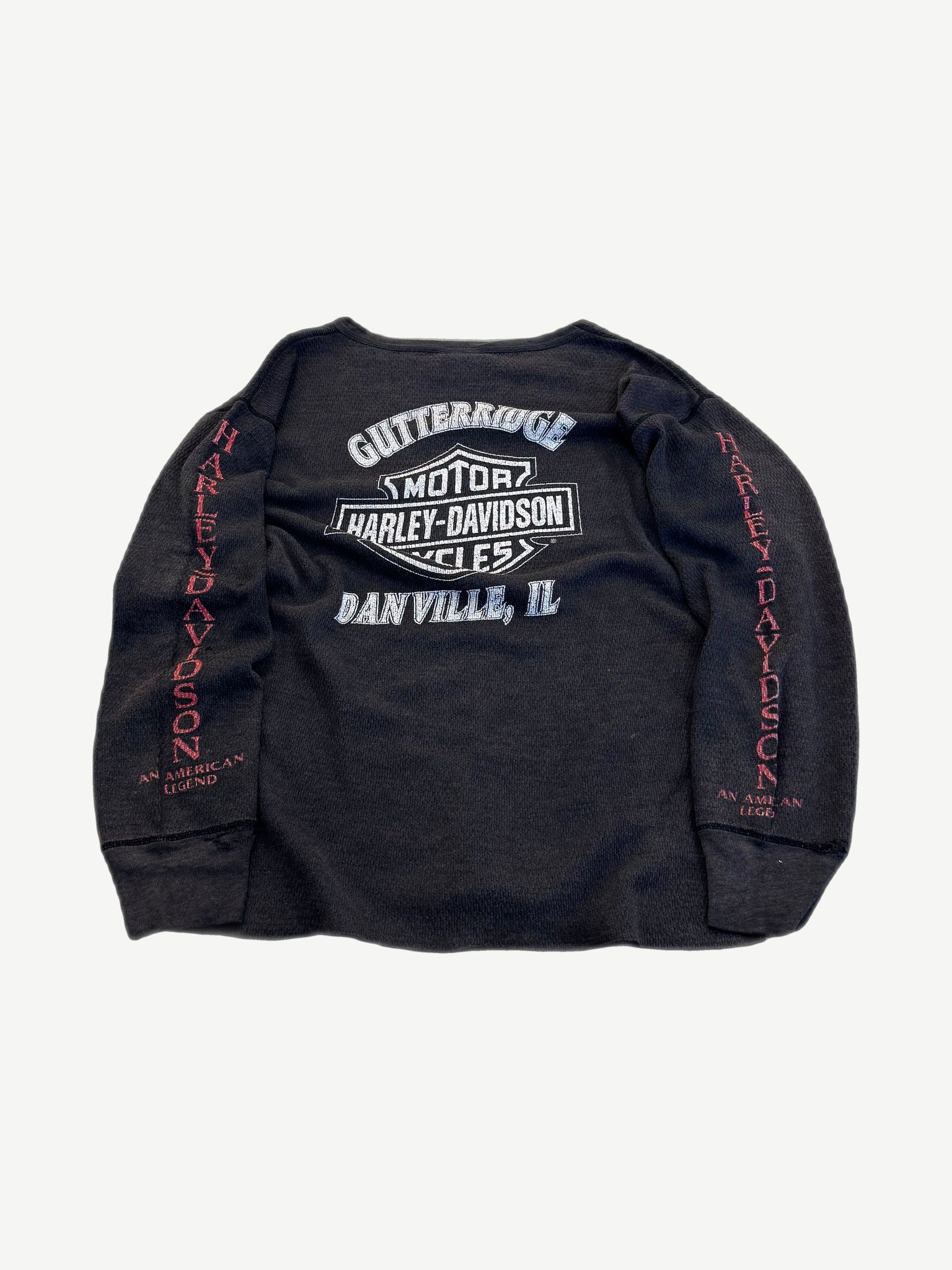 Vintage Harley Davidson thermal longsleeve back with large American Legend eagle and flag graphic print.