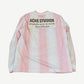 Acne Studios pink soccer jersey longsleeve back view with white stripe paneling and ventilated mesh fabric
