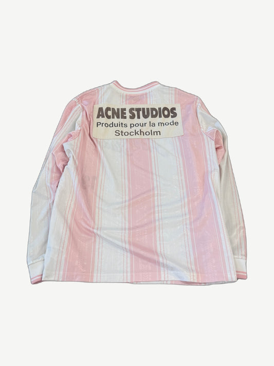Acne Studios pink soccer jersey longsleeve back view with white stripe paneling and ventilated mesh fabric