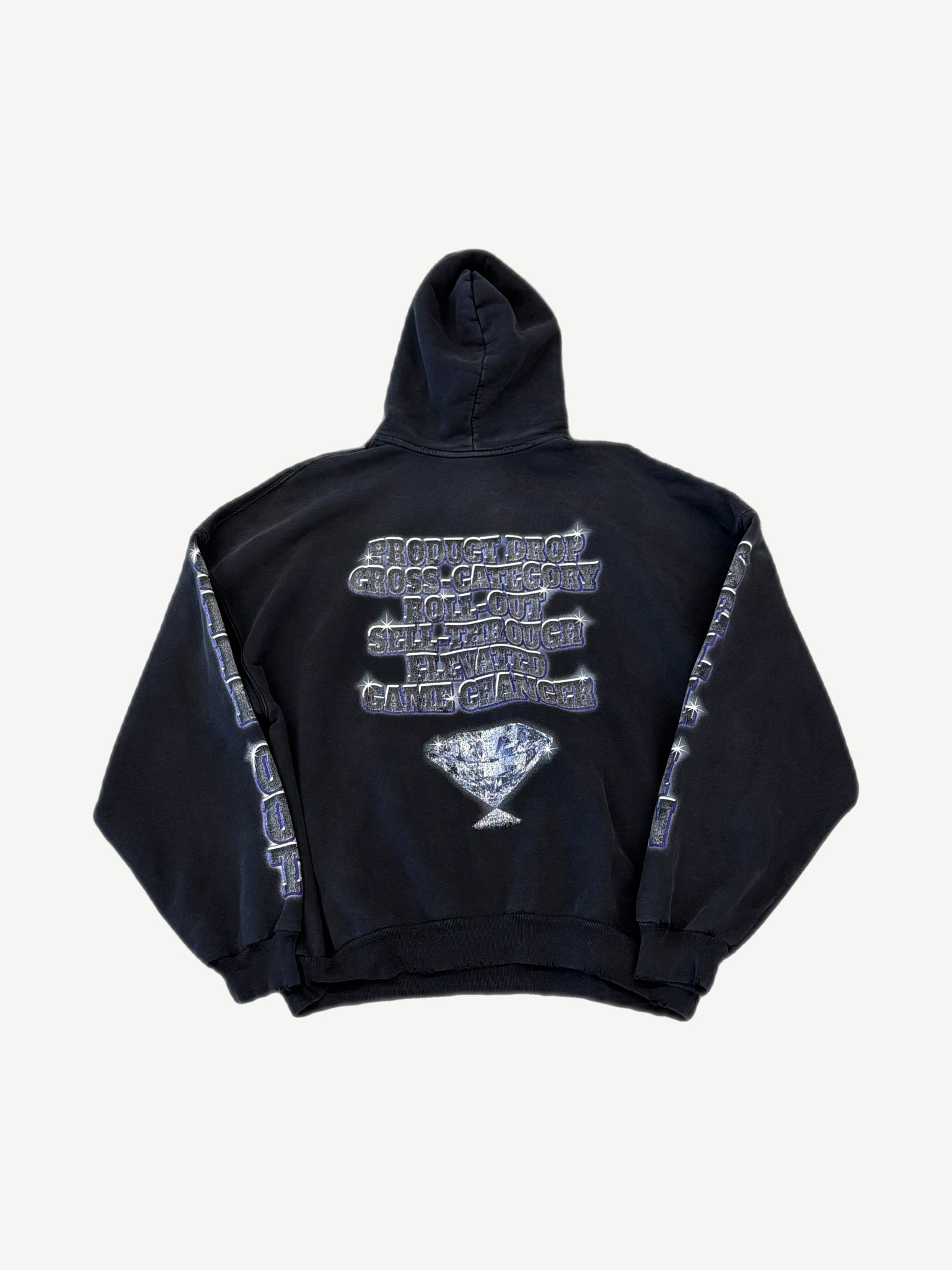 Balenciaga black hoodie back with sparkle Product Drop Game Changer text and diamond graphic print