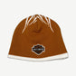 Vintage Harley Davidson orange knit beanie back view with white flame trim and embroidered logo
