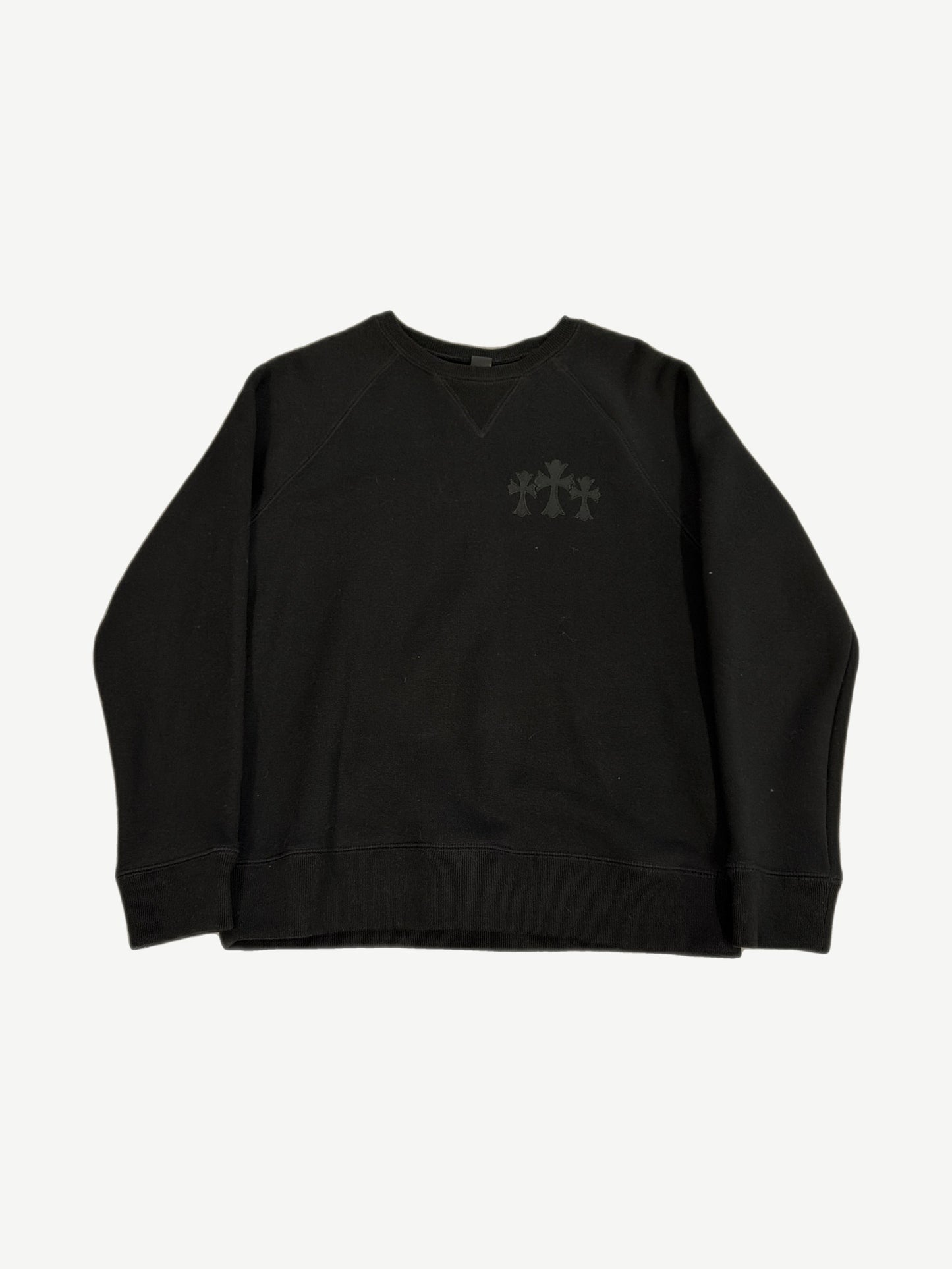 Chrome Hearts black crewneck with tonal triple cross chest embroidery, heavyweight cotton