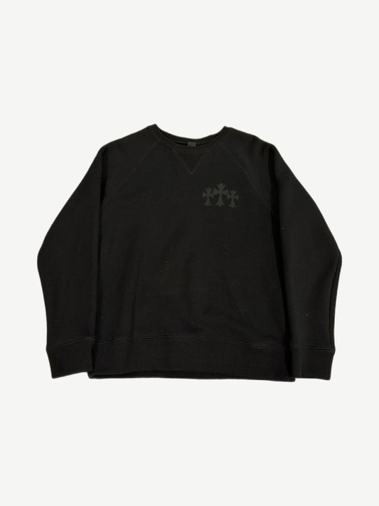 Chrome Hearts black crewneck with tonal triple cross chest embroidery, heavyweight cotton