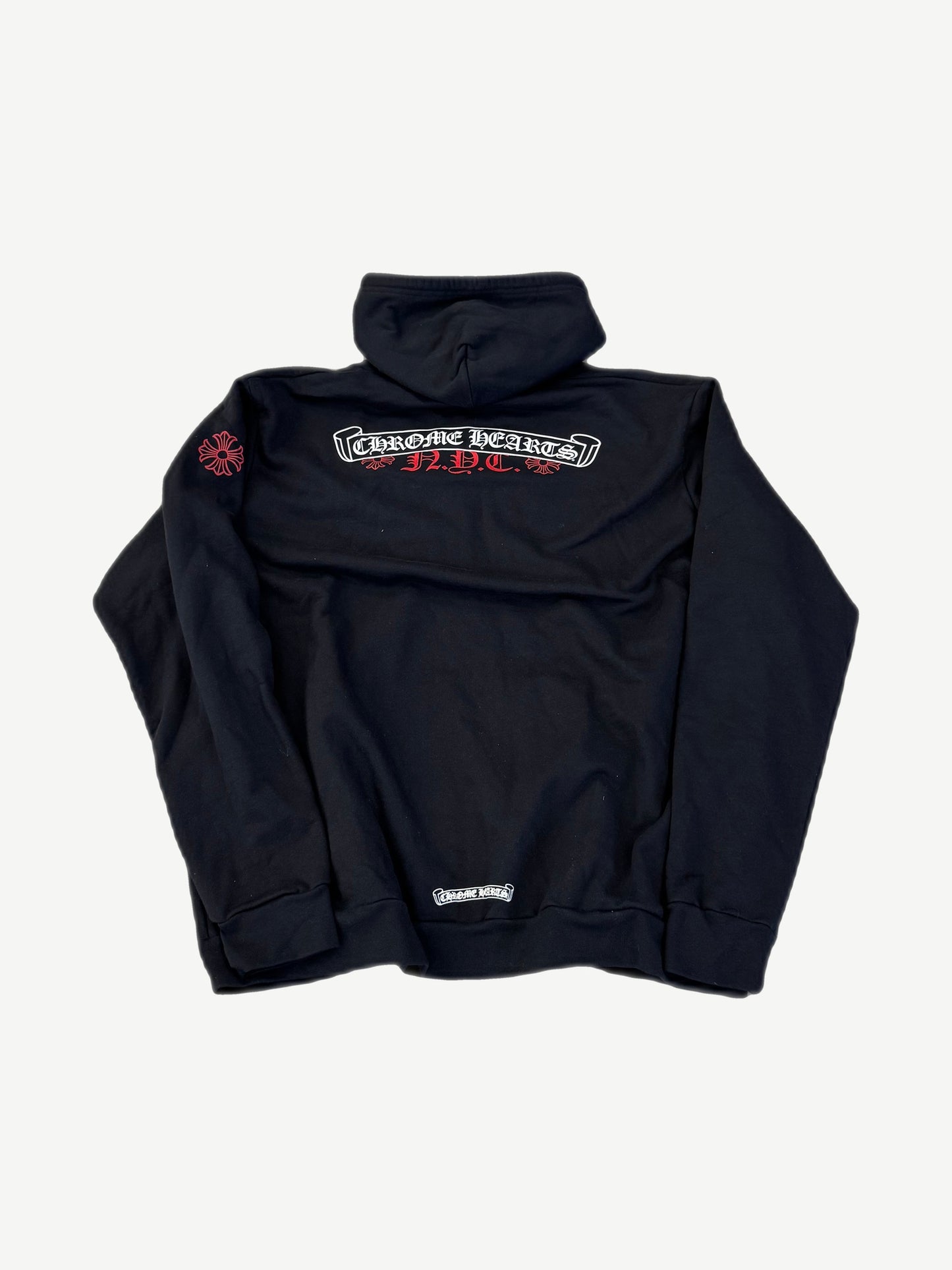 Chrome Hearts black zip hoodie back with Chrome Hearts NYC scroll logo in white and red across shoulders