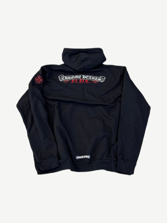 Chrome Hearts black zip hoodie back with Chrome Hearts NYC scroll logo in white and red across shoulders