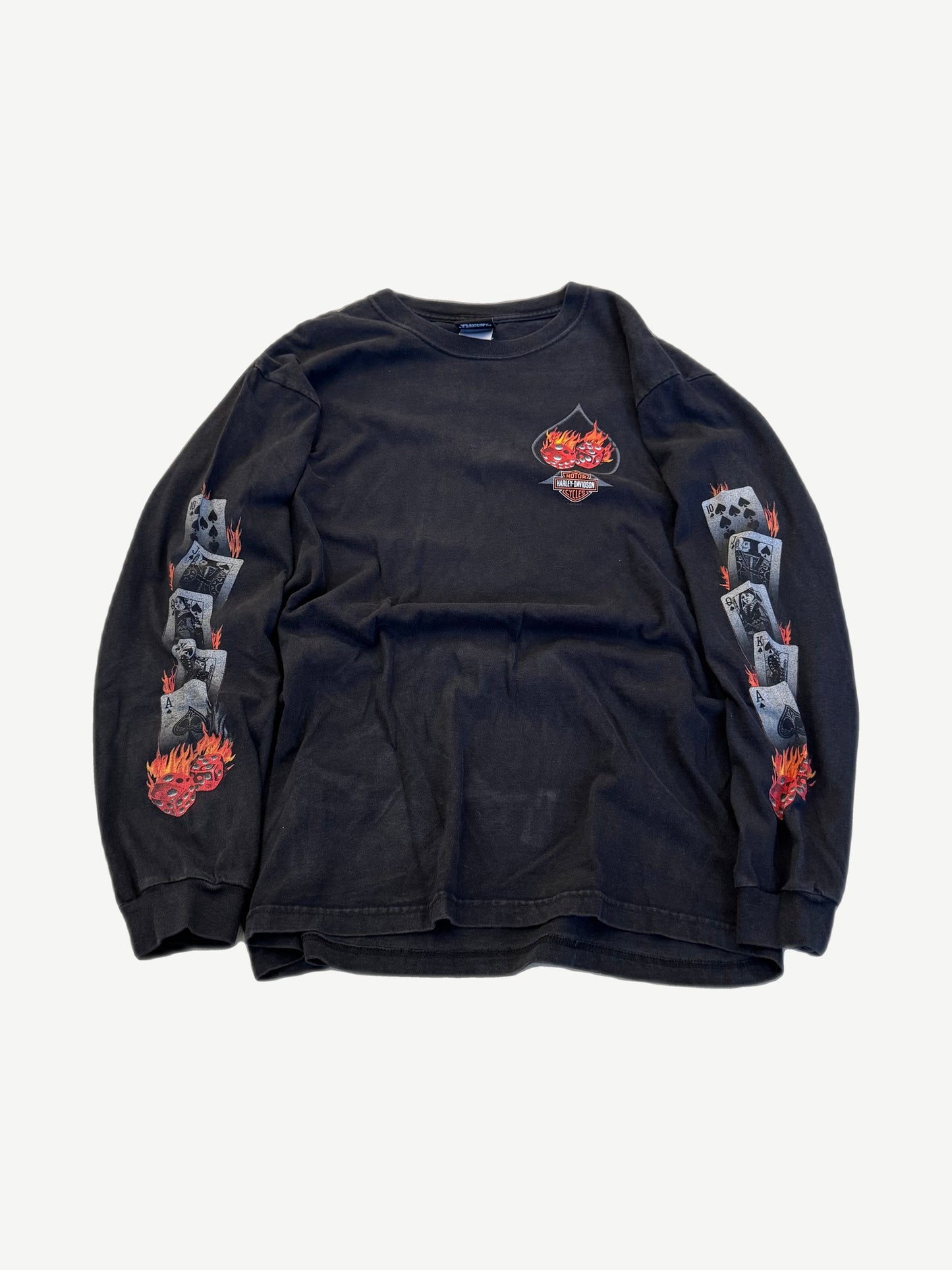 Vintage Harley Davidson black long sleeve with red Las Vegas flaming dice graphic and HD bar-and-shield front