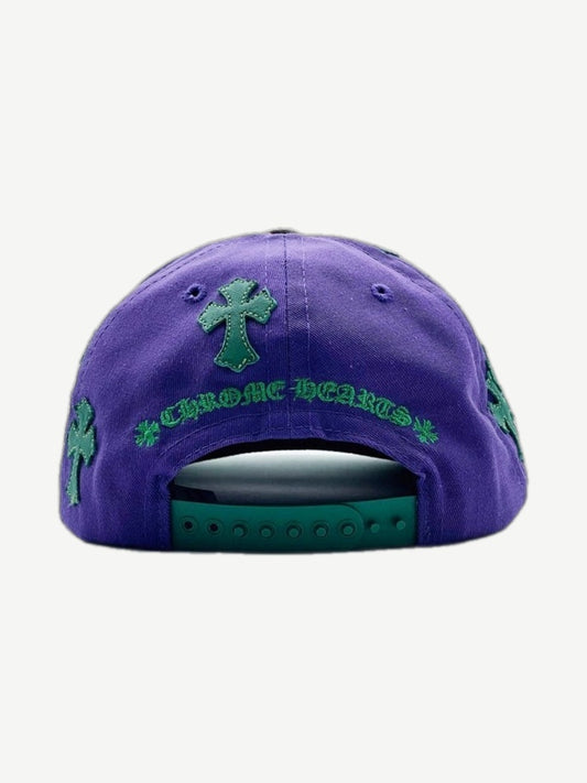 Chrome Hearts purple cap rear view with green cross patches and embroidered Chrome Hearts script above adjustable strap