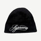 Supreme Kangol black furry Furgora beanie with white embroidered Supreme cursive script logo on front