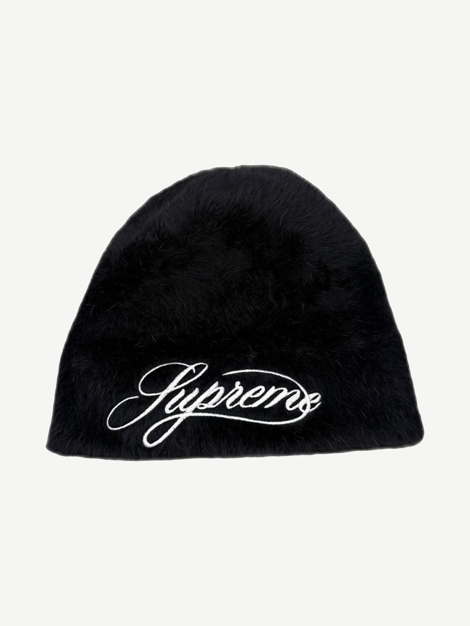 Supreme Kangol black furry Furgora beanie with white embroidered Supreme cursive script logo on front