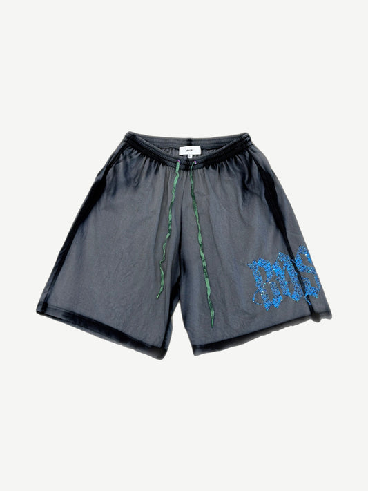 Bossi faded black mesh shorts front with blue rhinestone Bossi Old English logo on right leg