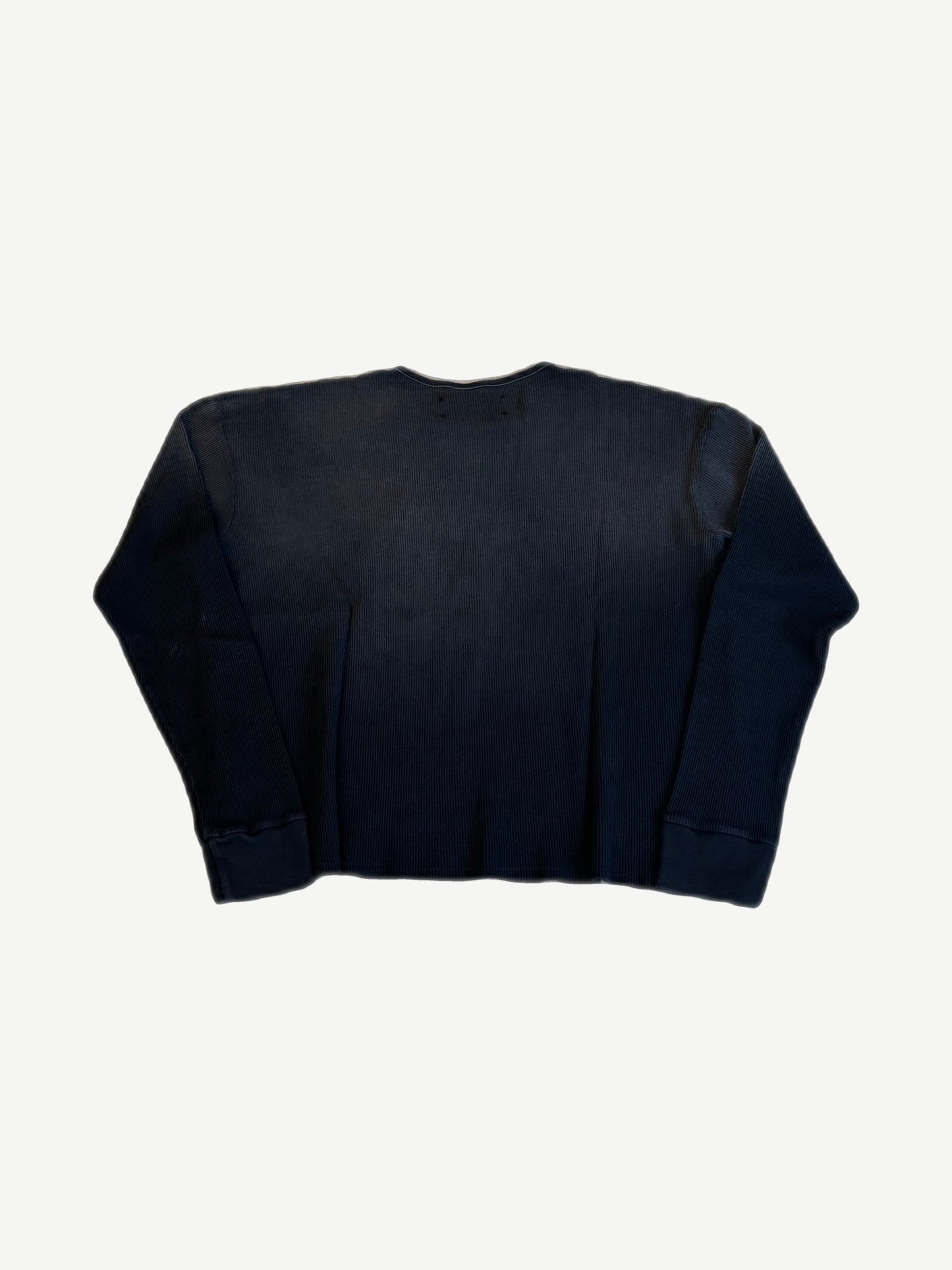 Satoshi Nakamoto black thermal waffle longsleeve back, boxy cropped silhouette with ribbed cuffs.