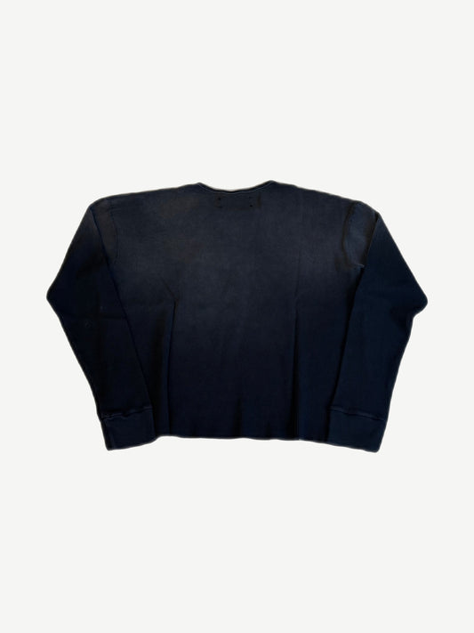 Satoshi Nakamoto black thermal waffle longsleeve back, boxy cropped silhouette with ribbed cuffs.