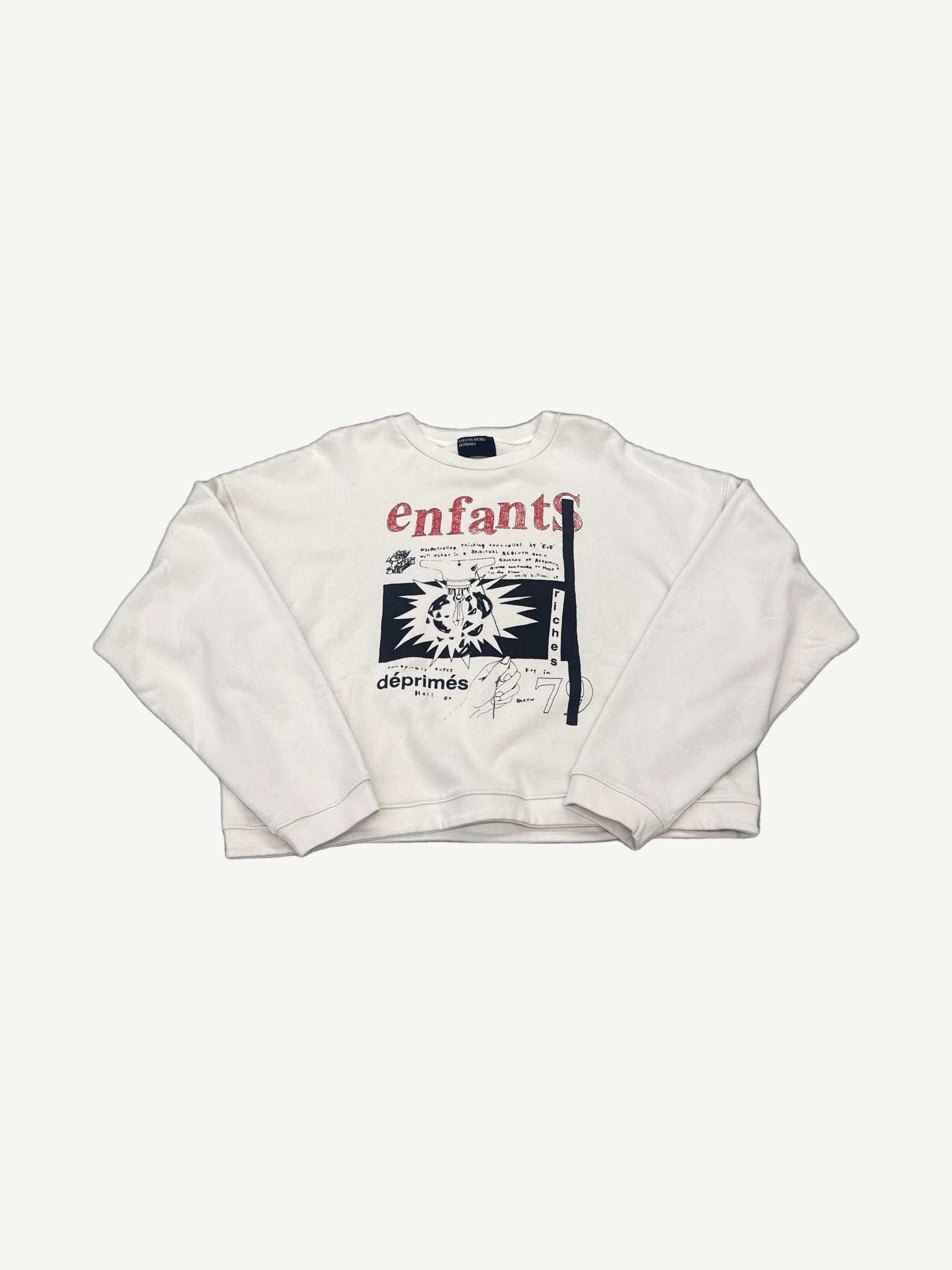 Enfants Riches Deprimes white Subgenius Radio crewneck sweatshirt front with bold black graphic print.