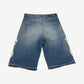 Kapital blue denim bone shorts back, mid-wash with leather Kapital patch and side bone embroidery.