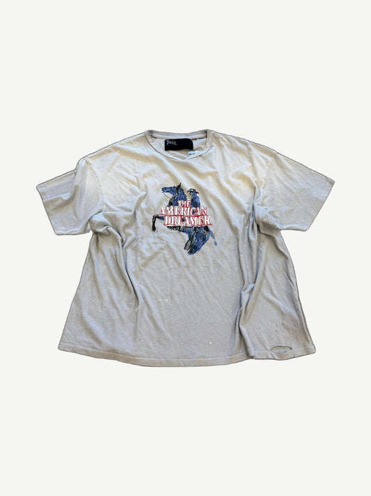 Paly Hollywood American Dreamer distressed cream tee with cowboy on rearing horse graphic and rhinestone trim
