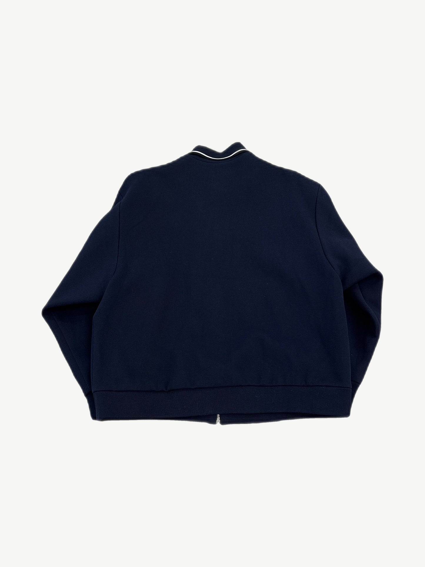 Miu Miu navy piquet blouson jacket back view with ribbed hem cuffs and clean unprinted back panel.