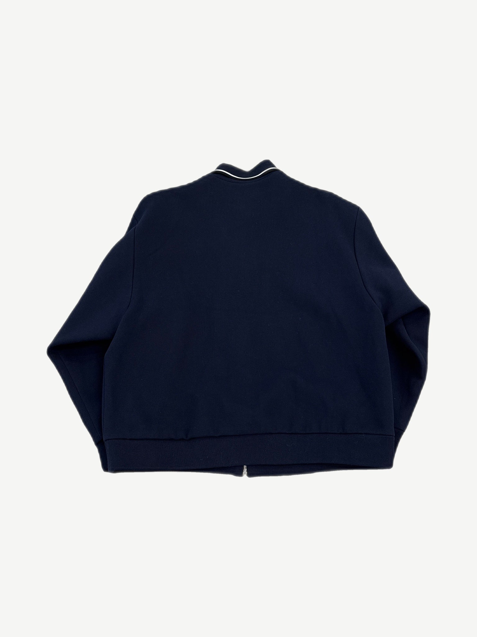 Miu Miu navy piquet blouson jacket back view with ribbed hem cuffs and clean unprinted back panel.