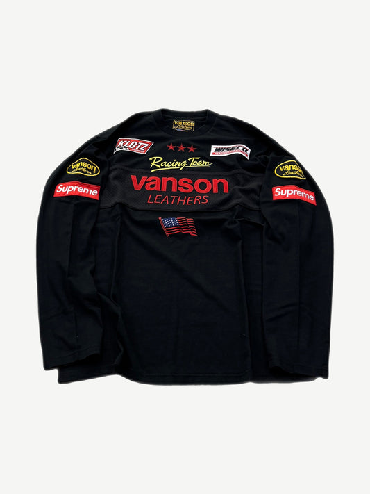 Supreme Vanson Leathers black longsleeve front, collab chest graphic in bold white print