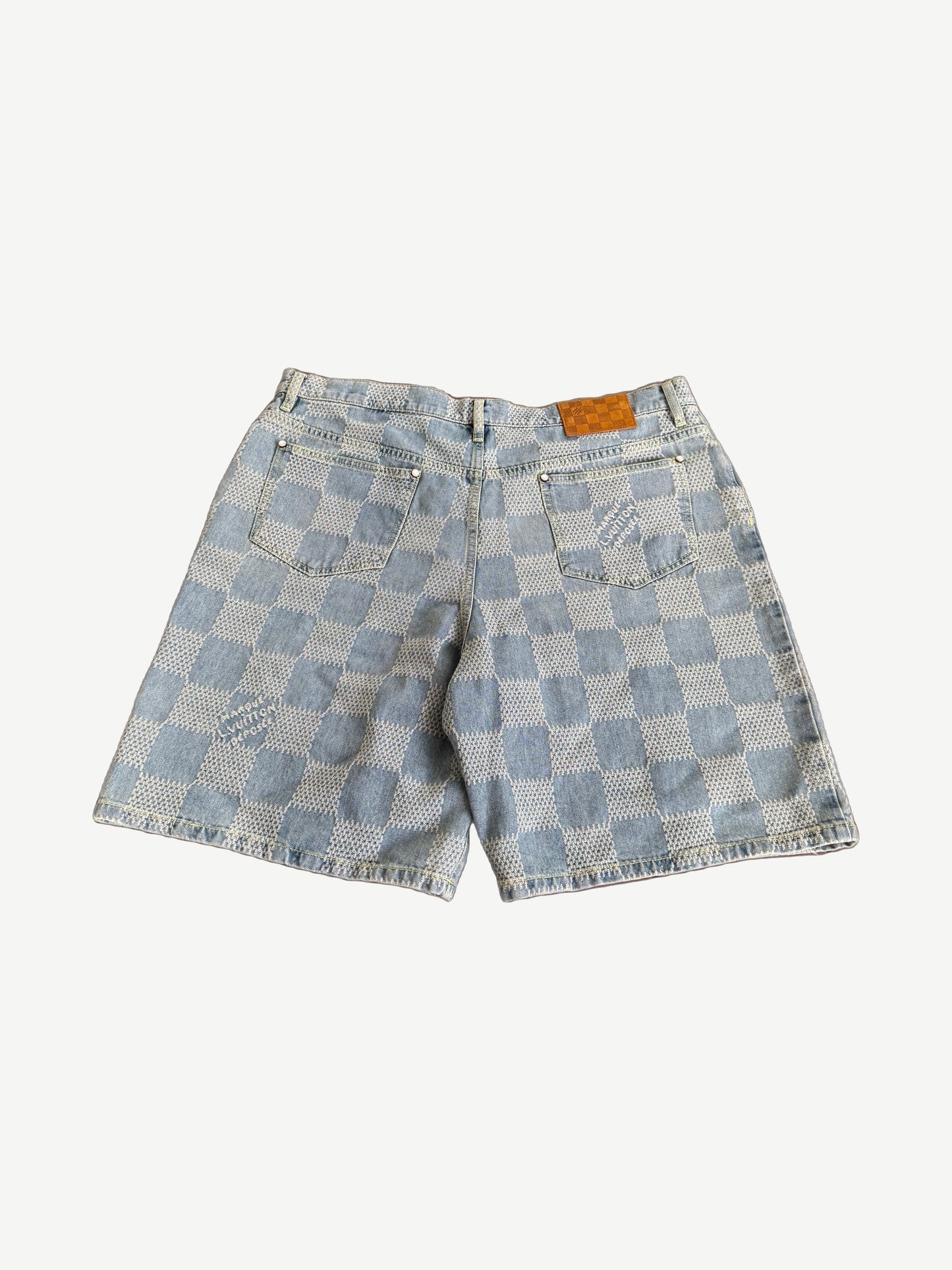Louis Vuitton 3D Damier light denim shorts back view with patch pockets and tonal stitching