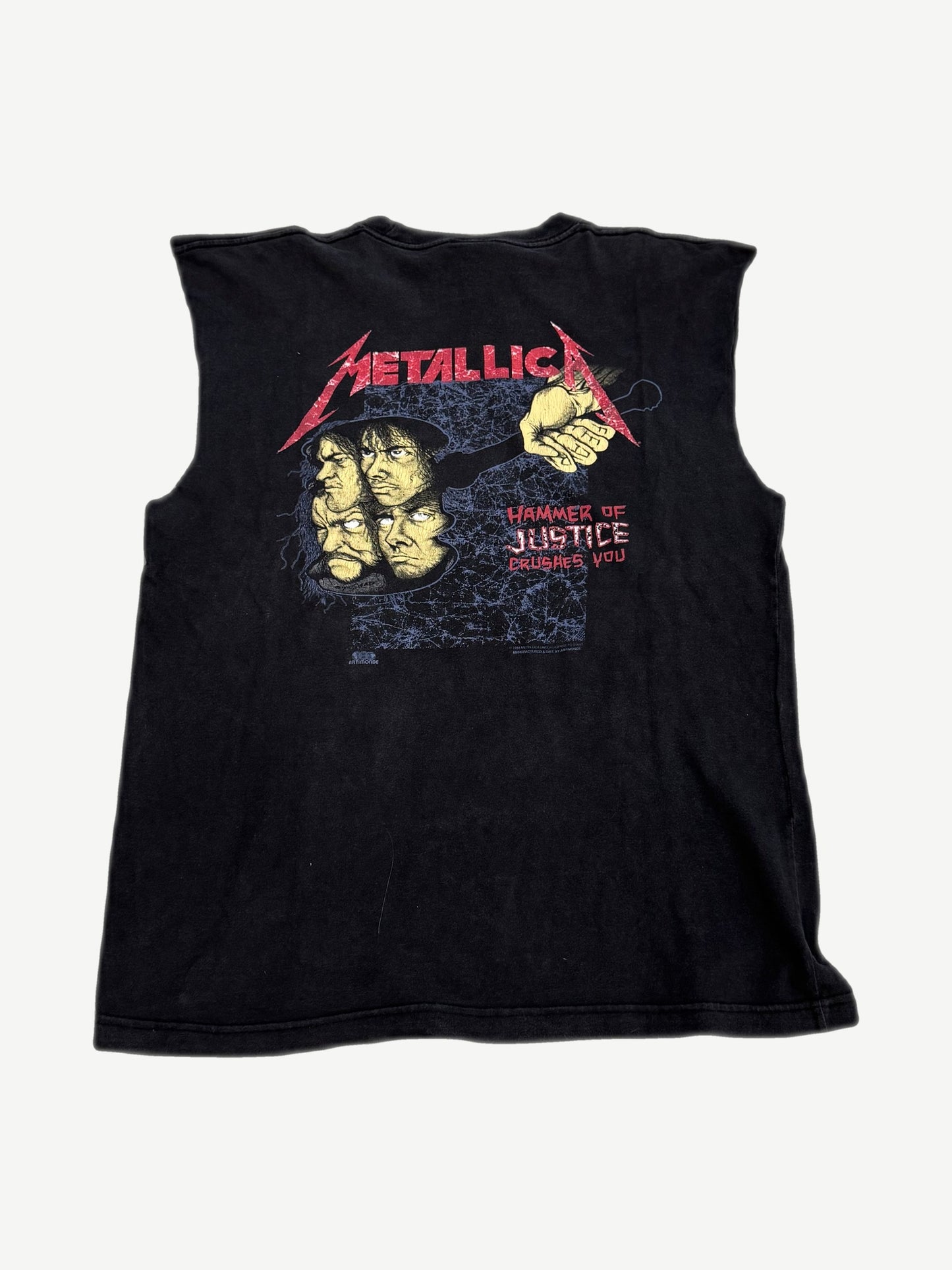 Vintage Metallica cutoff tee back with Hammer Of Justice Crushes You band member faces and red logo print.
