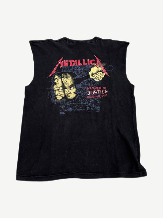 Vintage Metallica cutoff tee back with Hammer Of Justice Crushes You band member faces and red logo print.