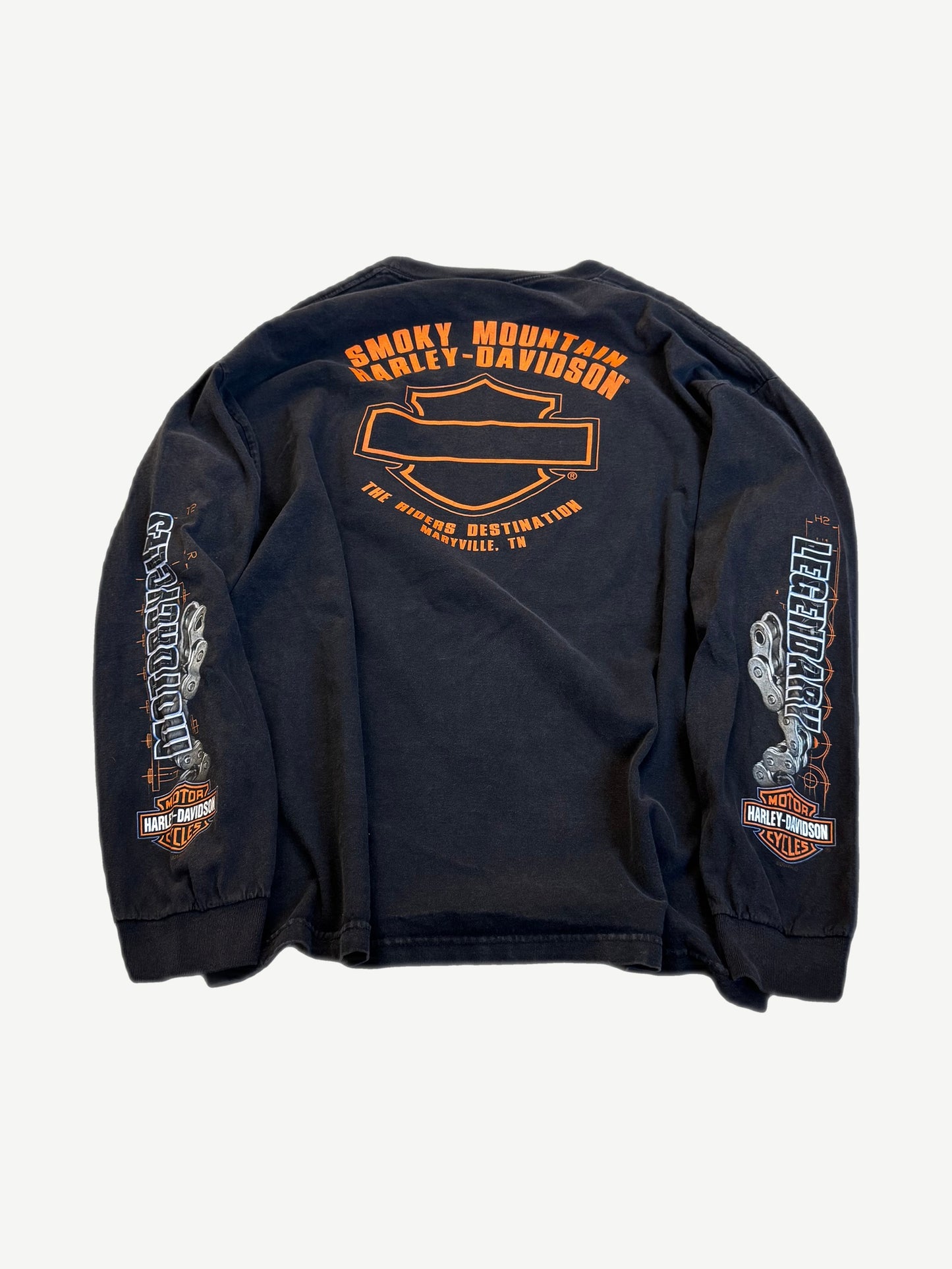 Vintage Harley Davidson Destination longsleeve back with bike and rider chain print graphic