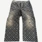 Louis Vuitton black monogram denim pants with tonal allover LV print and straight leg cut, front view