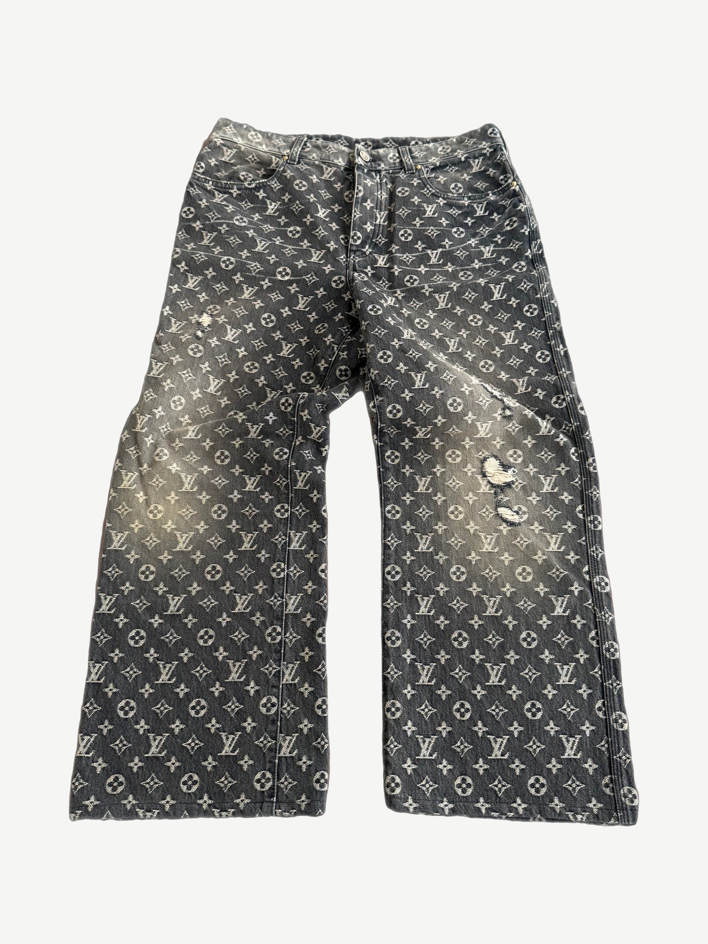 Louis Vuitton black monogram denim pants with tonal allover LV print and straight leg cut, front view