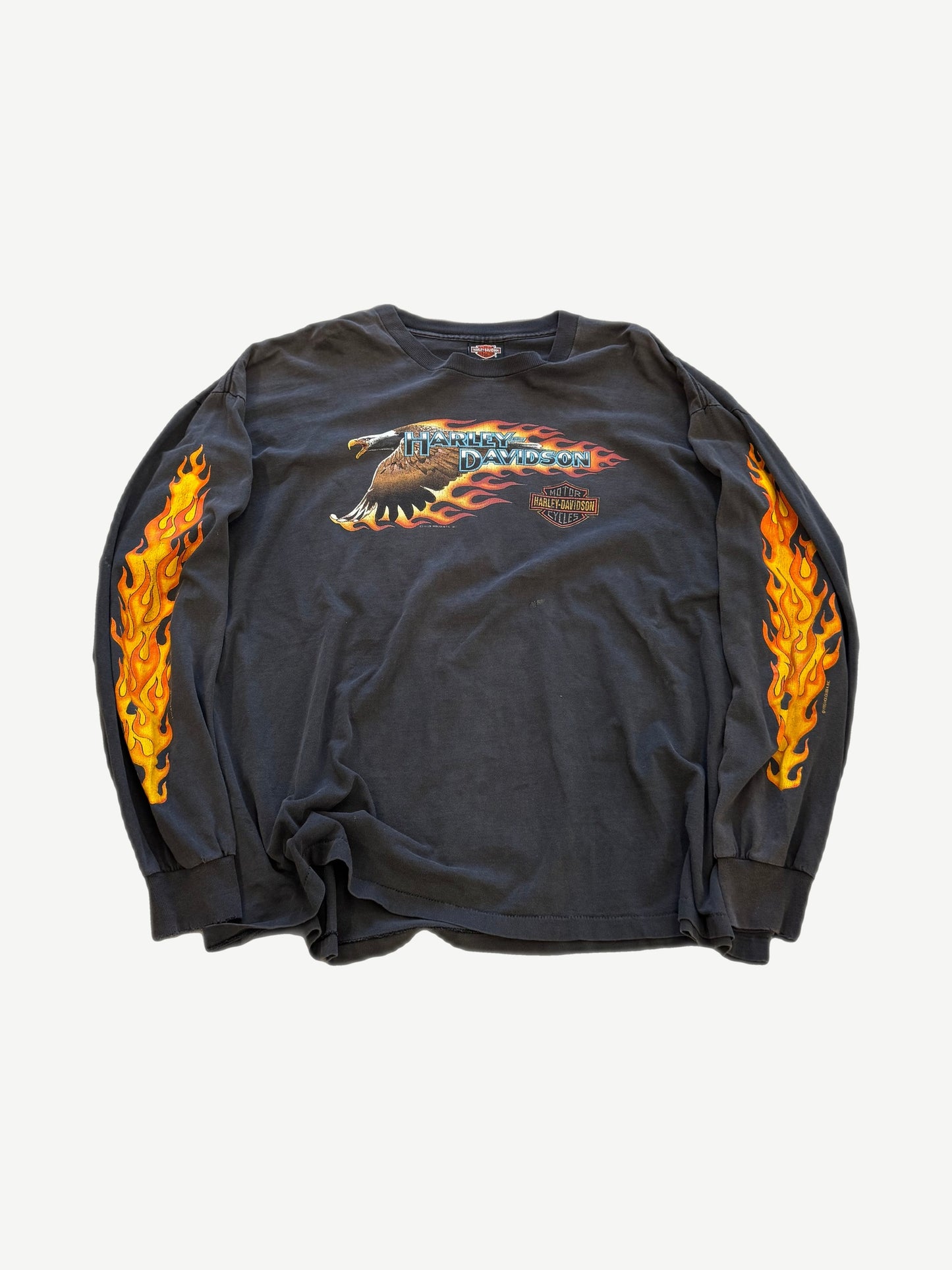 Vintage Harley Davidson black longsleeve with flying eagle chest print and orange flame graphics down both sleeves