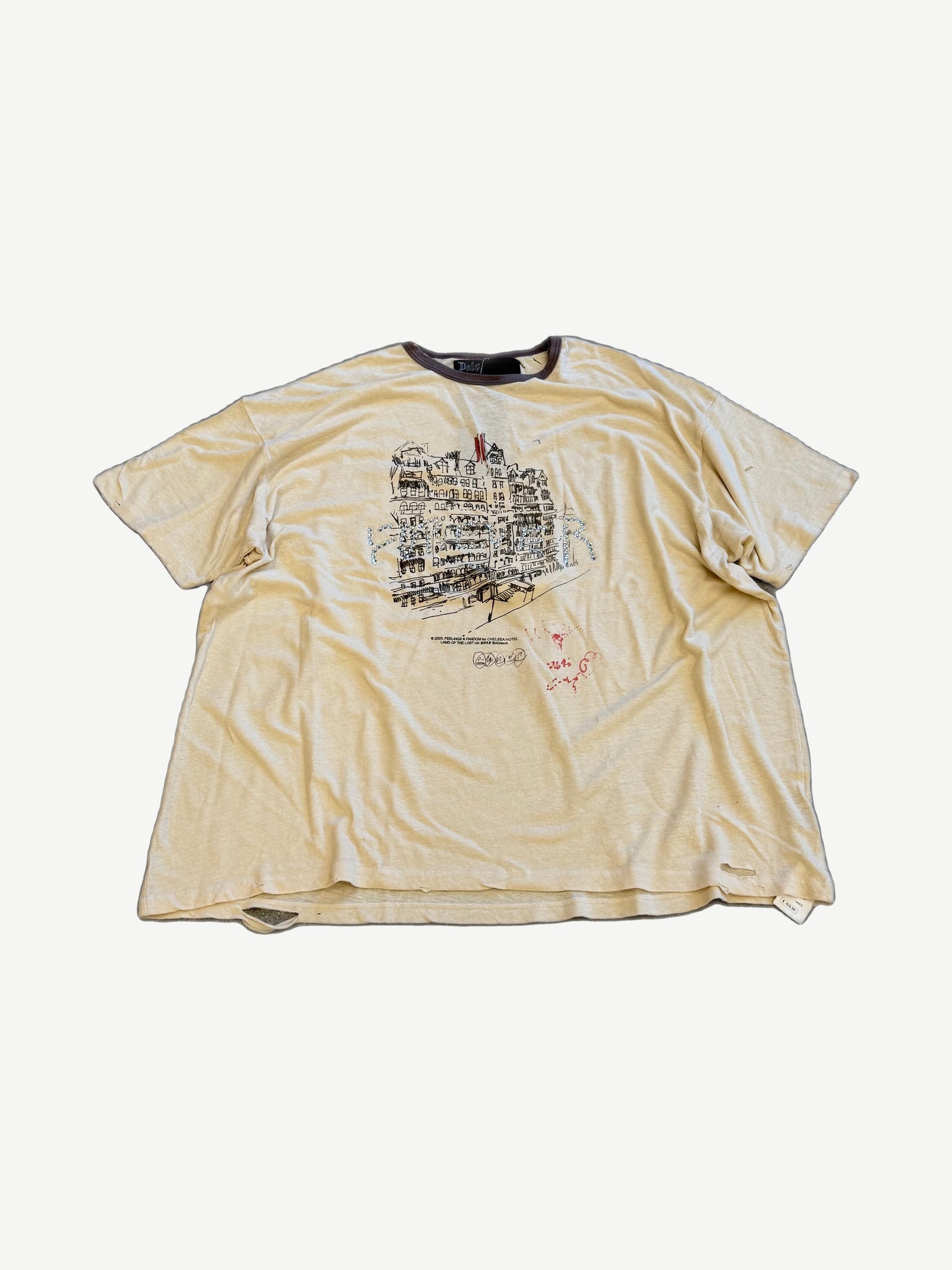 Paly Hollywood white Chelsea Hotel tee front with sketched hotel illustration graphic on cream cotton