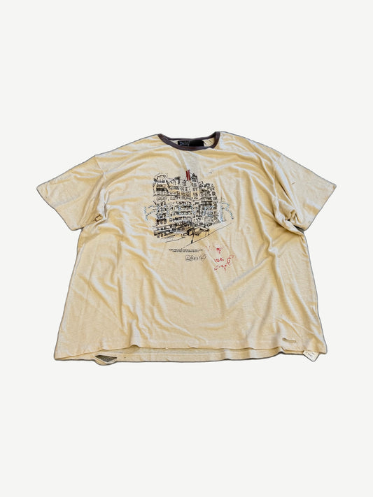 Paly Hollywood white Chelsea Hotel tee front with sketched hotel illustration graphic on cream cotton