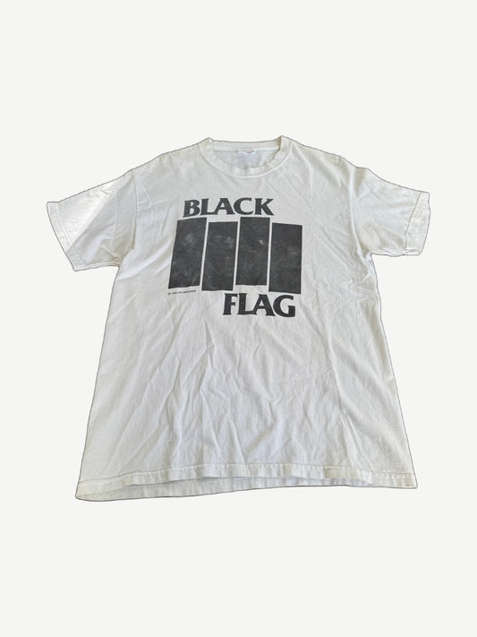 Vintage Black Flag band tee in faded white cotton with classic four black bars logo punk hardcore graphic
