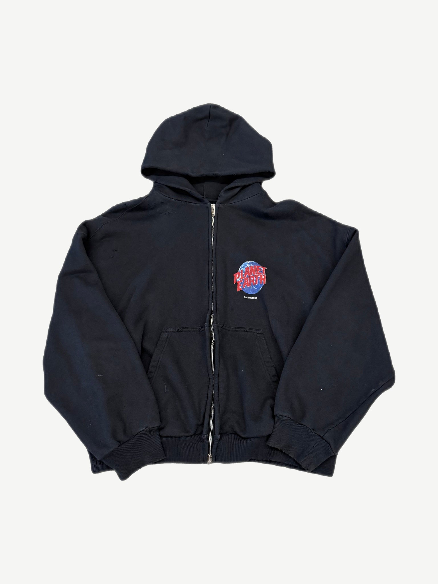Balenciaga distressed black Planet Earth zip-up hoodie front with worn cotton finish