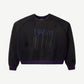 Raspberry Hills distressed black crewneck sweatshirt with blue RASP and RASPBERRY graphic, purple ribbed trim, front view.
