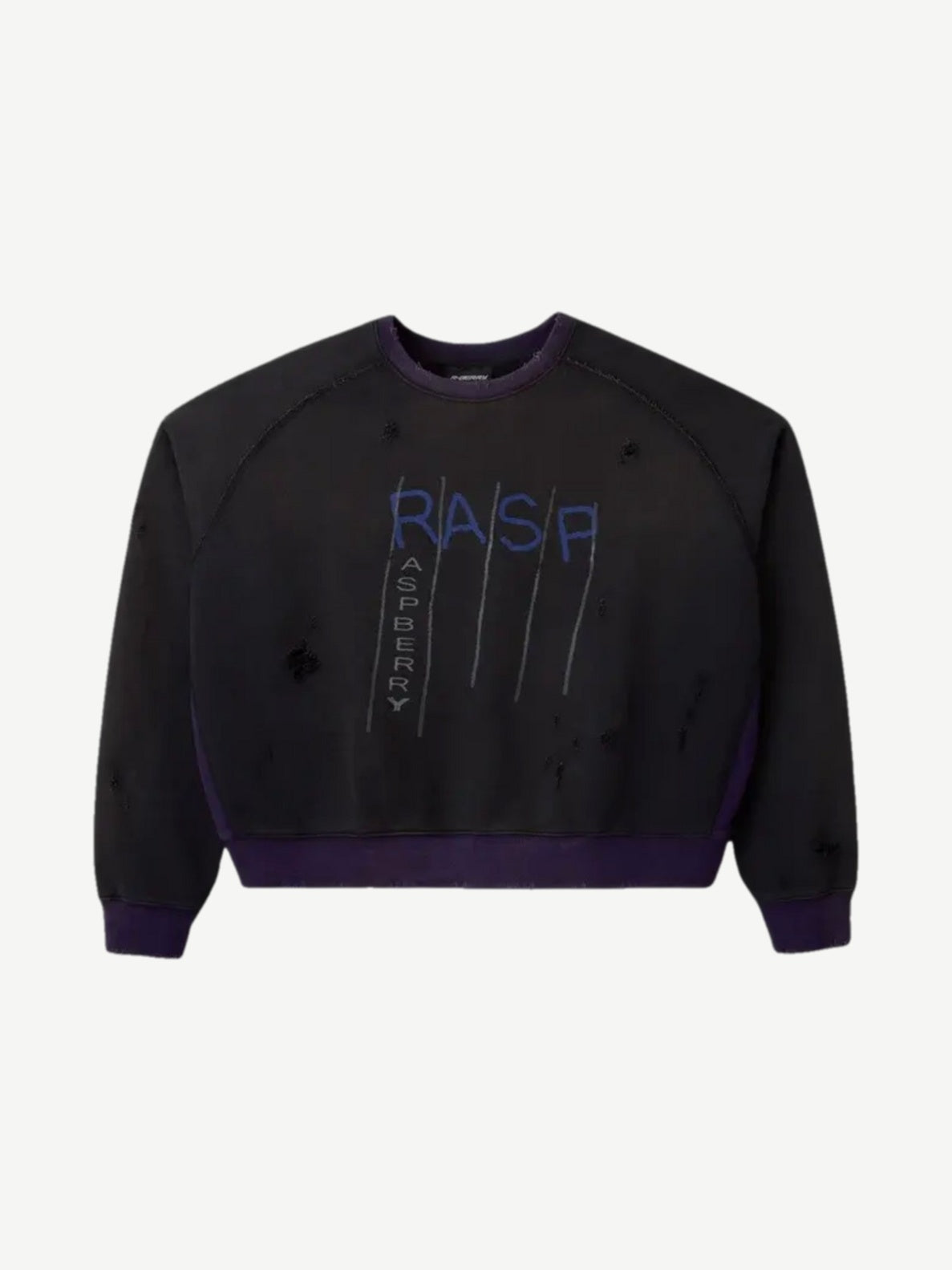 Raspberry Hills distressed black crewneck sweatshirt with blue RASP and RASPBERRY graphic, purple ribbed trim, front view.