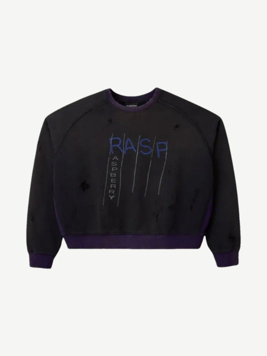 Raspberry Hills distressed black crewneck sweatshirt with blue RASP and RASPBERRY graphic, purple ribbed trim, front view.