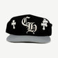 Chrome Hearts gray baseball hat front, black white CH cross patch on curved brim cap