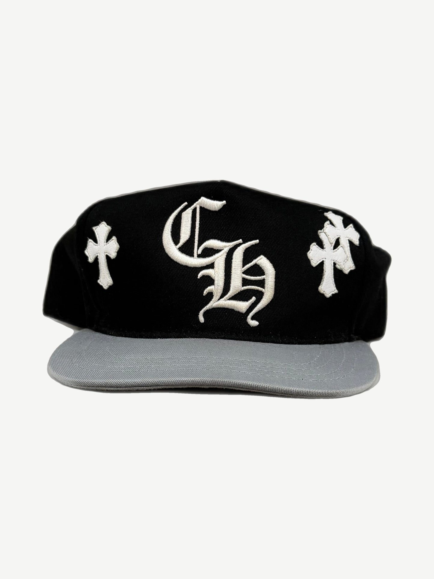 Chrome Hearts gray baseball hat front, black white CH cross patch on curved brim cap