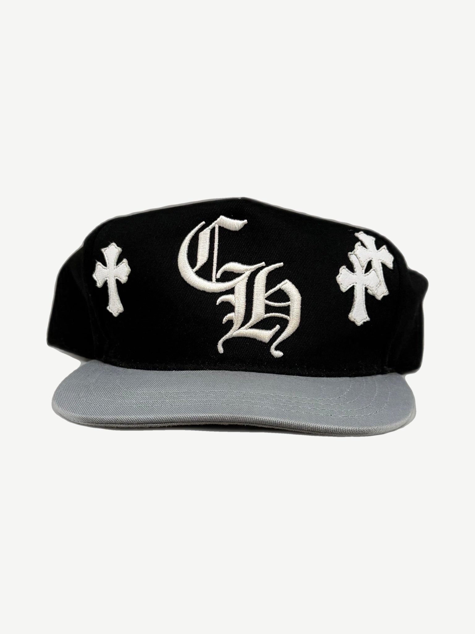 Chrome Hearts gray baseball hat front, black white CH cross patch on curved brim cap