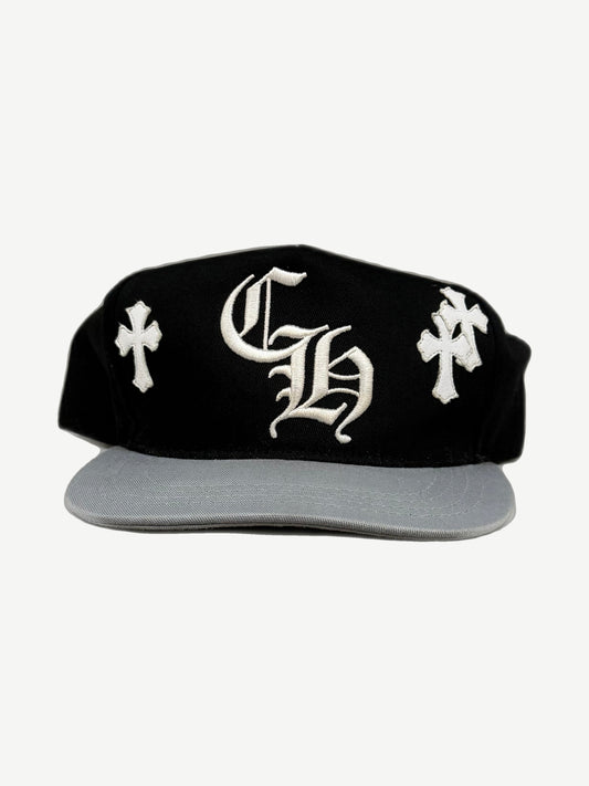 Chrome Hearts gray baseball hat front, black white CH cross patch on curved brim cap