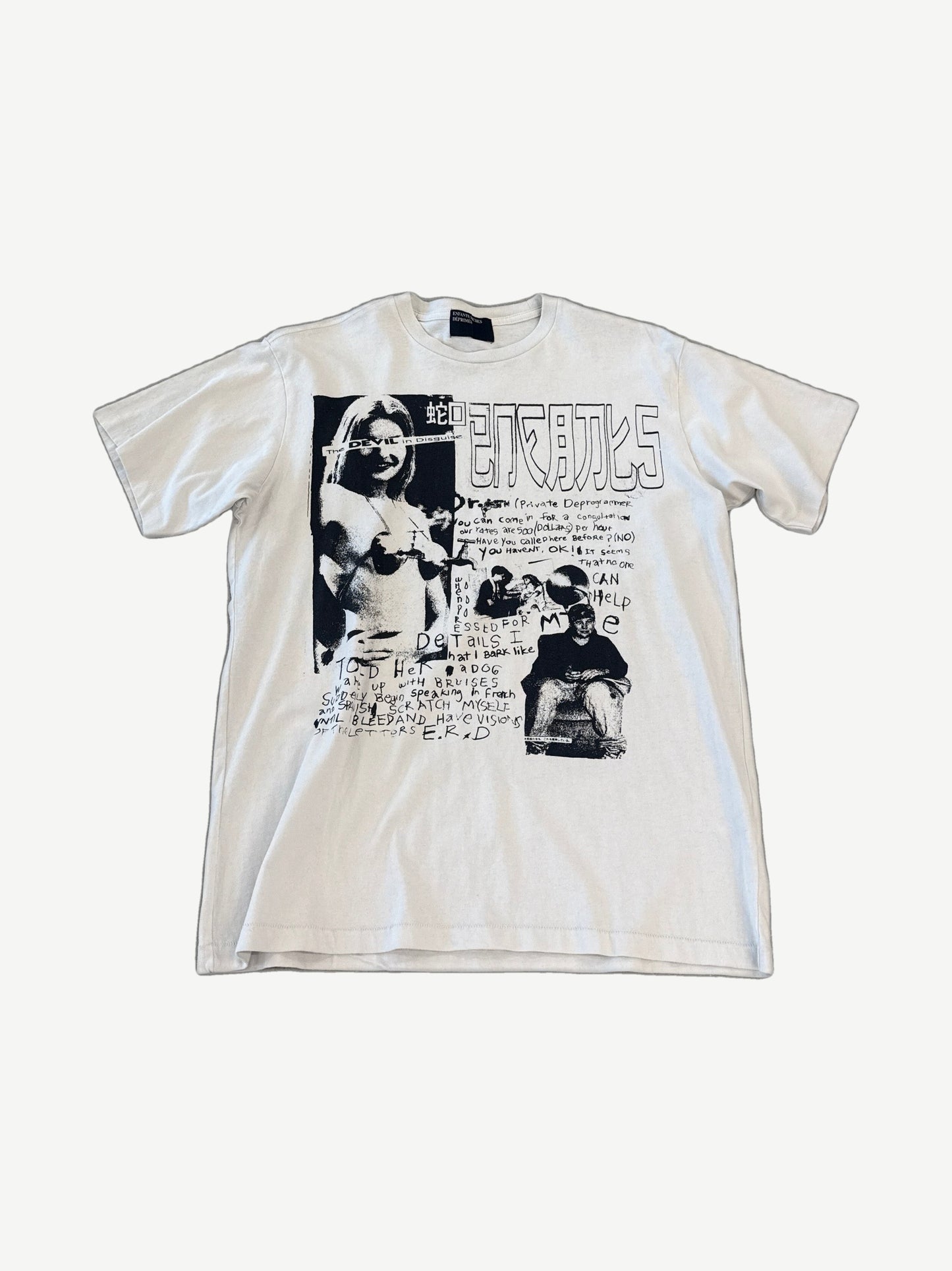 Enfants Riches Deprimes Devil in Disguise tee in faded black with hand-drawn devil graphic and red text.