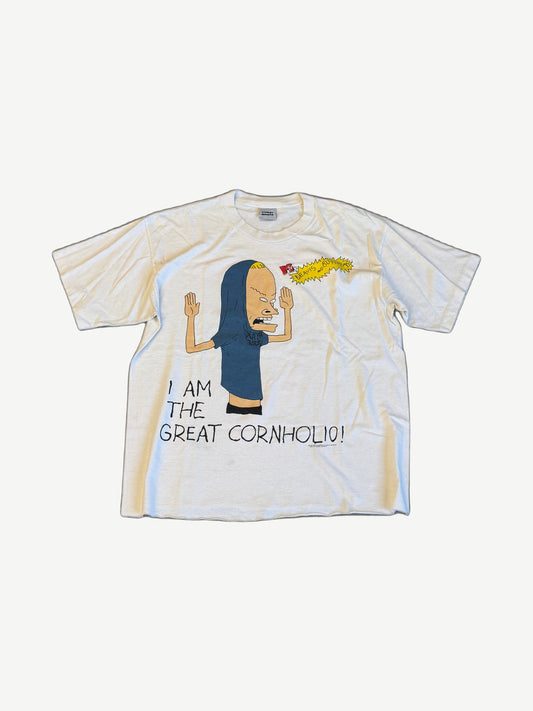 Vintage white Beavis and Butthead tee with Cornholio cartoon graphic and I Am The Great Cornholio text print