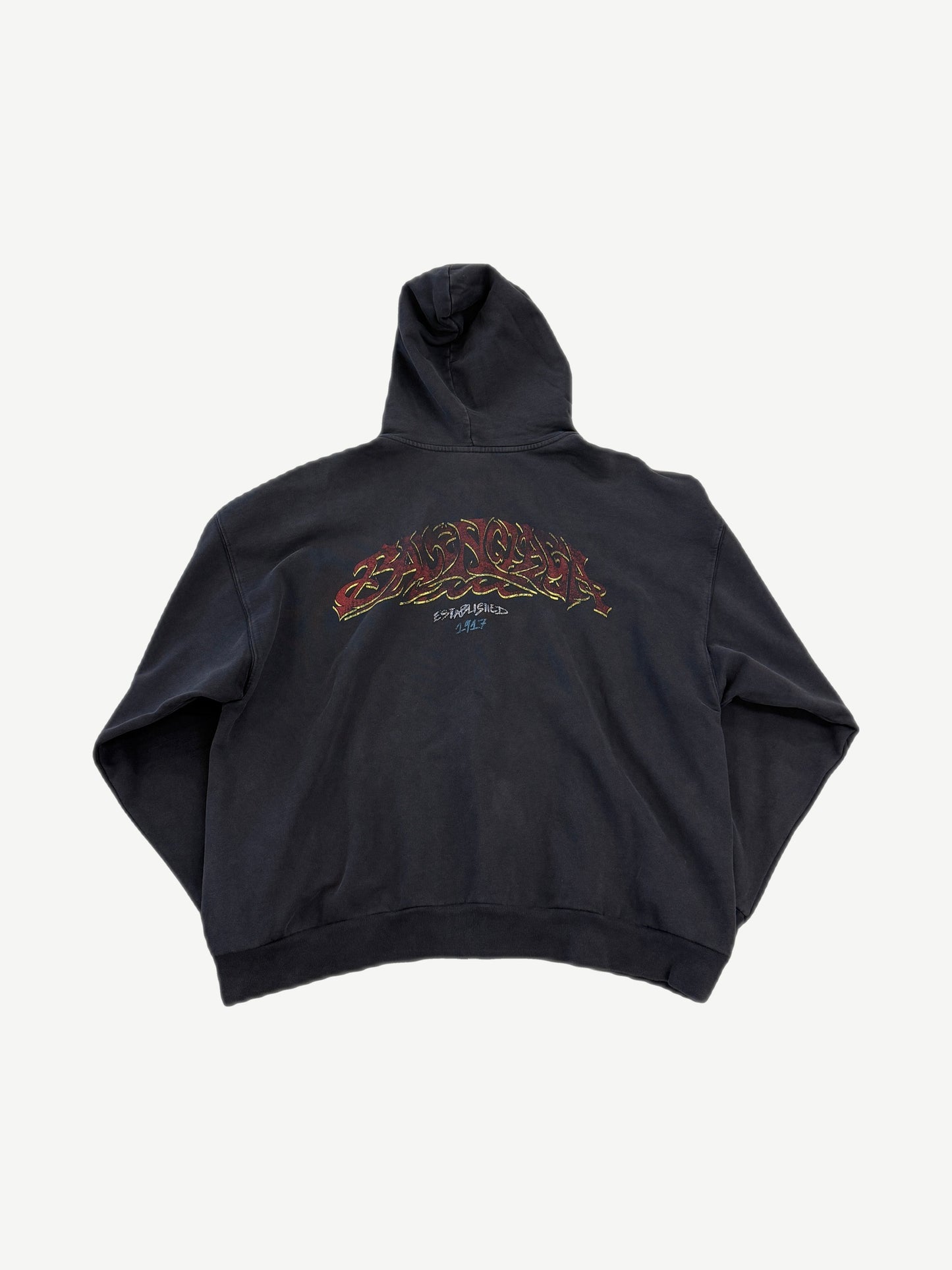 Balenciaga faded black zip up hoodie back with red gothic Balenciaga Established 1917 graffiti print