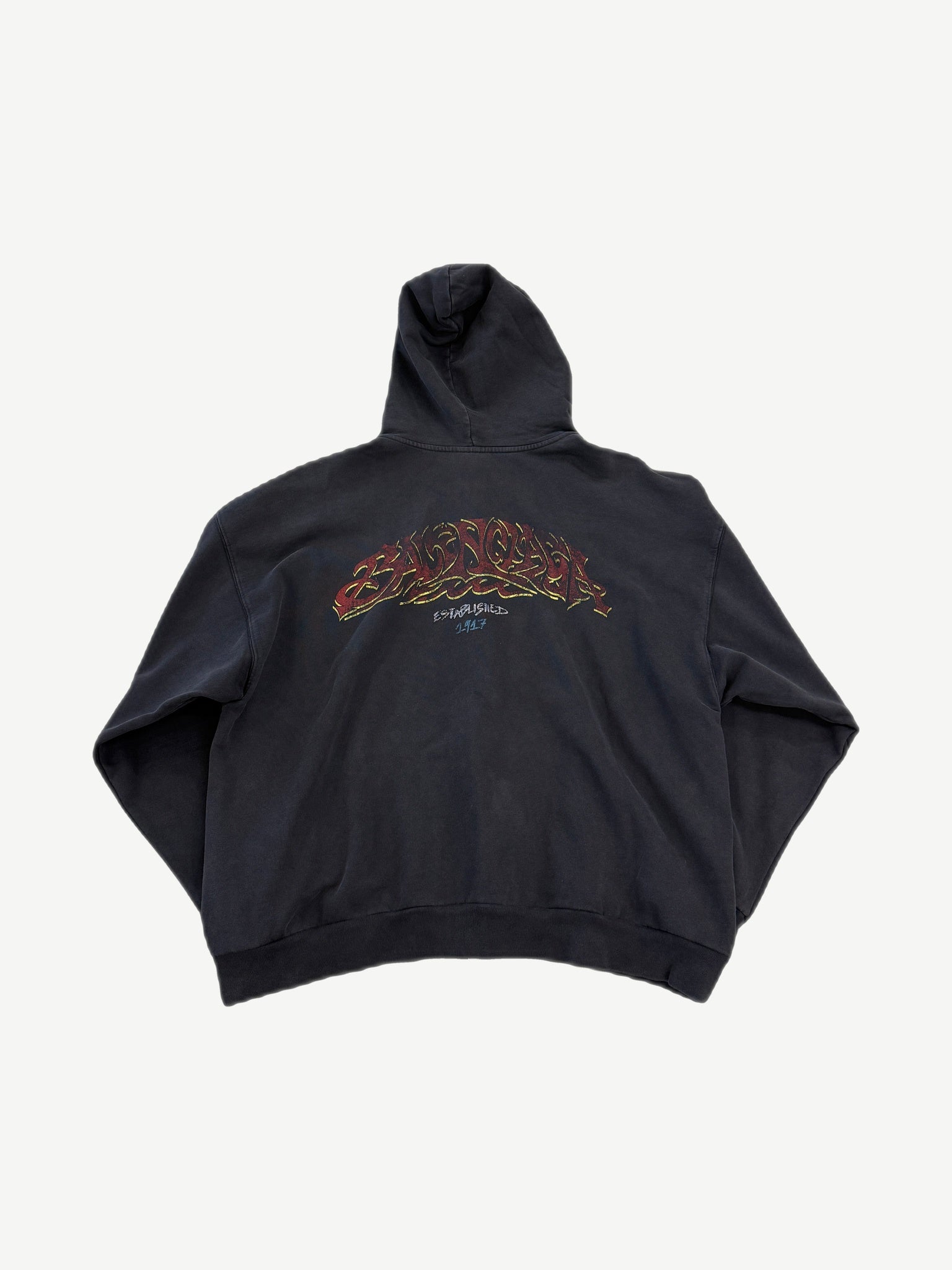 Balenciaga faded black zip up hoodie back with red gothic Balenciaga Established 1917 graffiti print