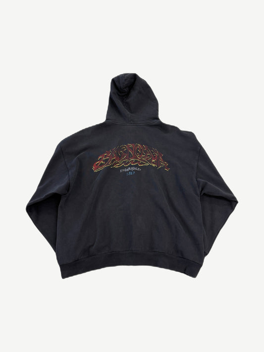 Balenciaga faded black zip up hoodie back with red gothic Balenciaga Established 1917 graffiti print